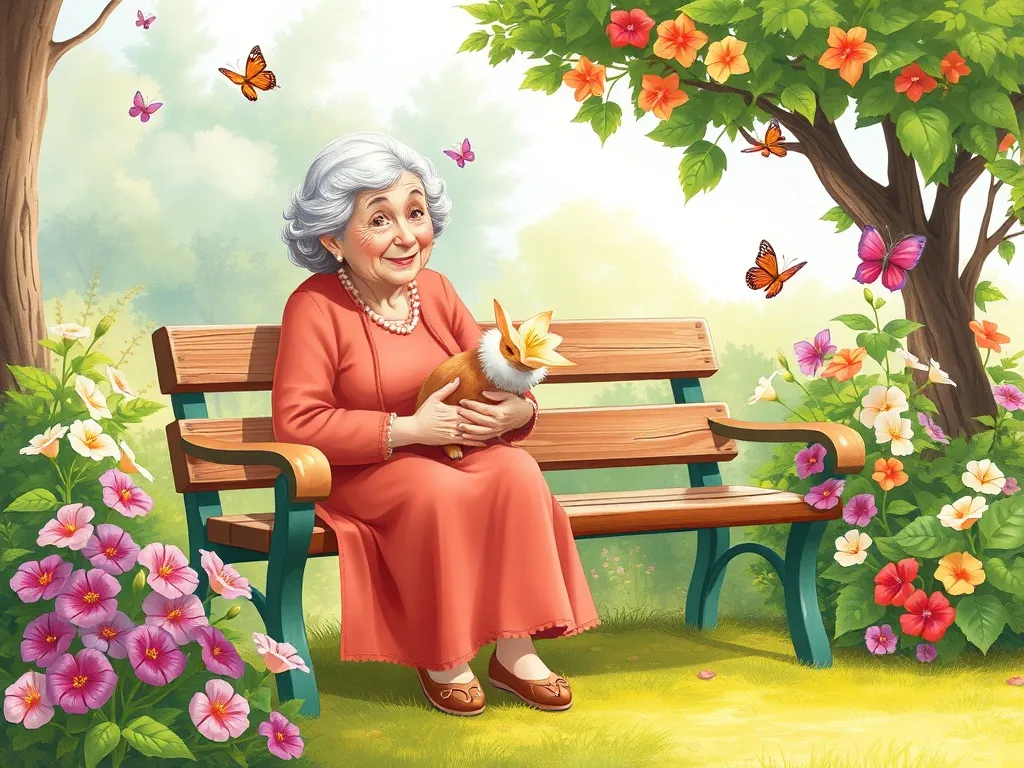 The Silver Locket on Lavender Lane - Grandmother and Lily on garden bench with morning glories and butterflies nearby