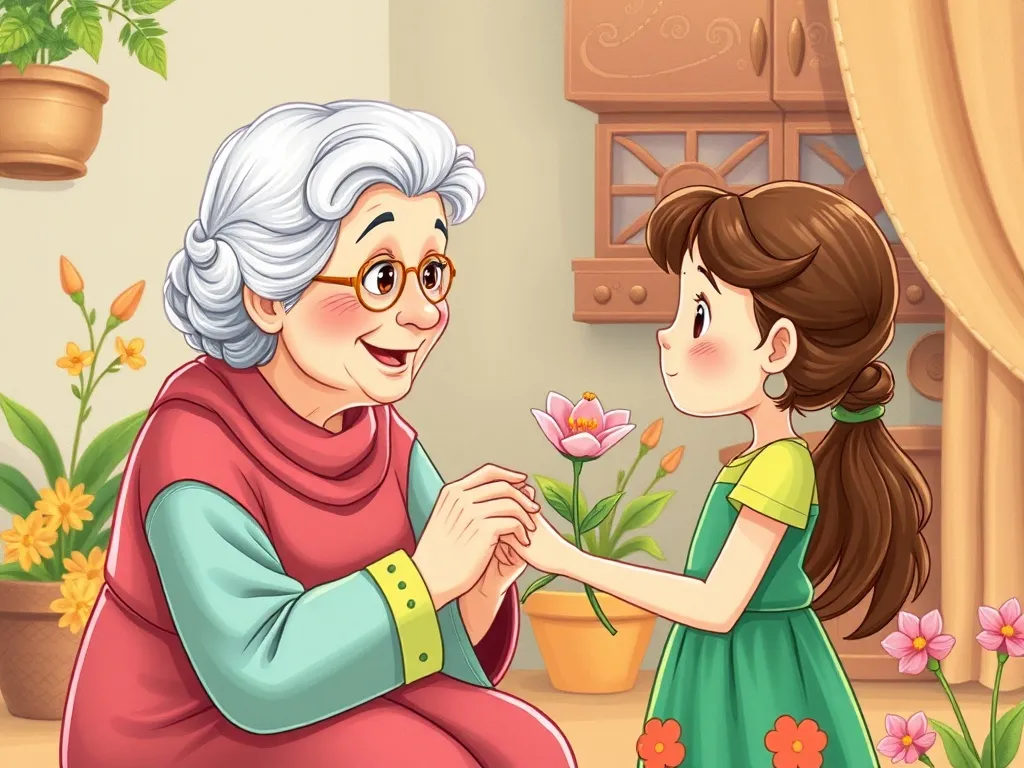 The Silver Locket on Lavender Lane - Grandmother holding Lily's hand as they practice speaking together