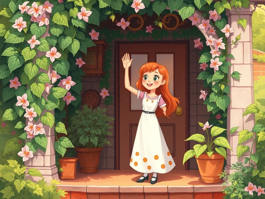 The Silver Locket on Lavender Lane - Lily standing on the ivy-covered porch with her hand raised