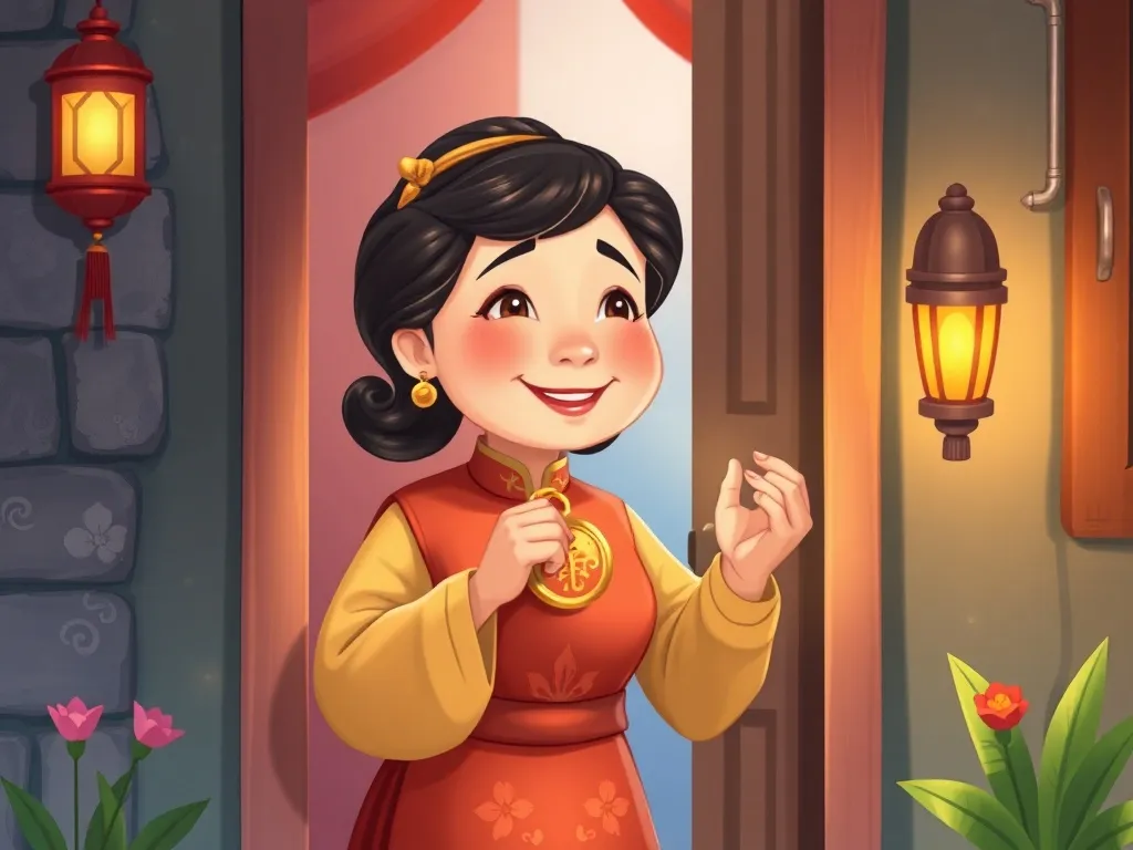 The Silver Locket on Lavender Lane - Mrs. Chen at her doorway holding the locket with tears of joy