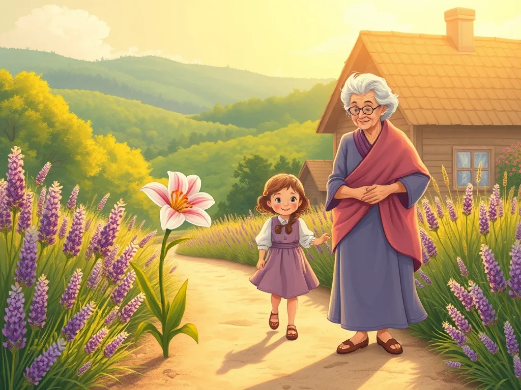 The Silver Locket on Lavender Lane - Lily and Grandmother walking home on the lavender-lined path in golden light