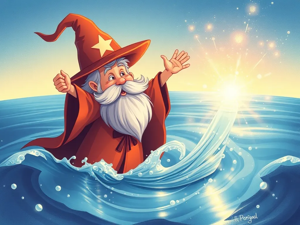 The Magical Stream Keeper's Apprentice - Wizard Ripple emerging from sparkling water