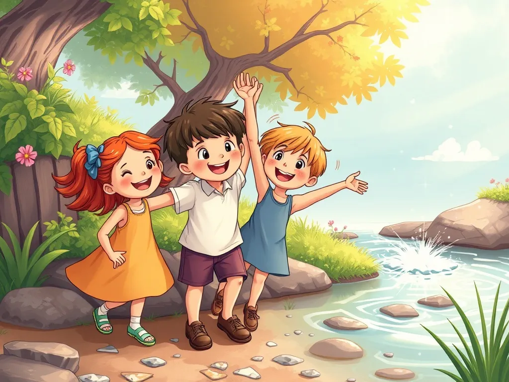 The Magical Stream Keeper's Apprentice - Three friends celebrating by sparkling stream