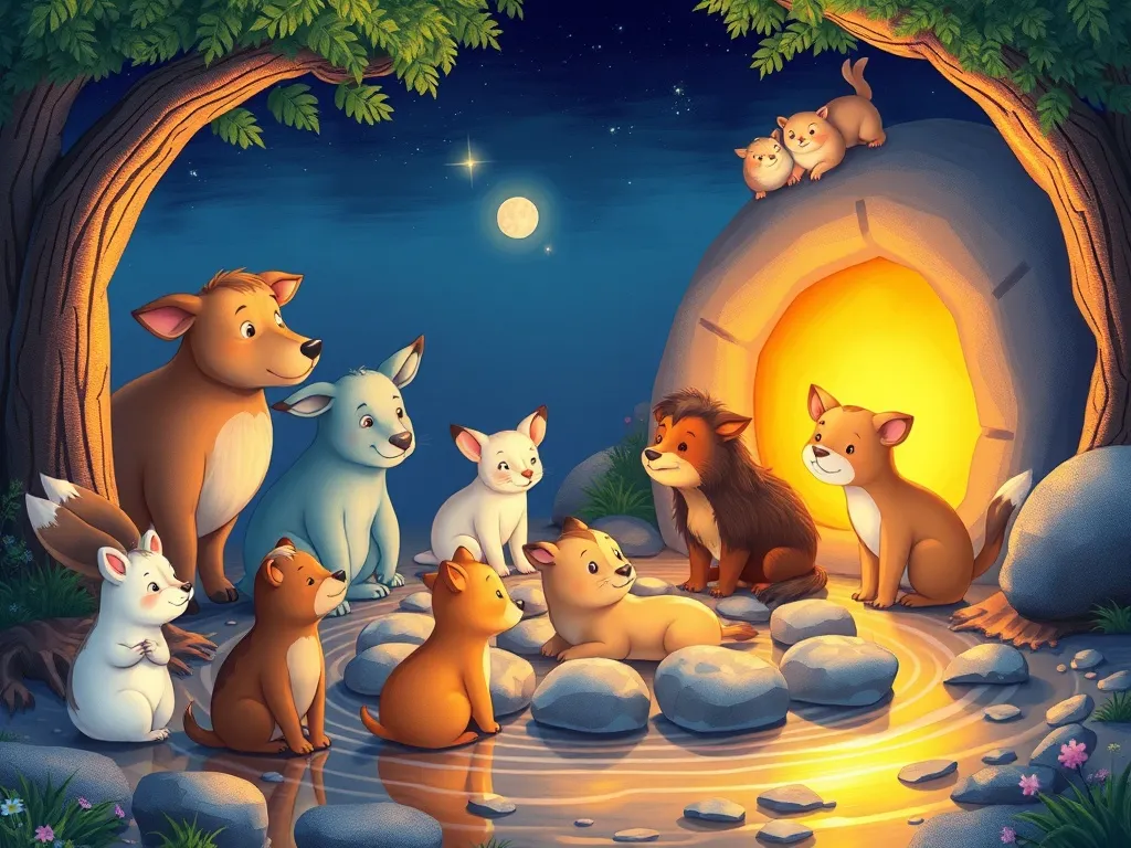 The Magical Stream of Sharing - Animals gathered around Ripple's glowing stones