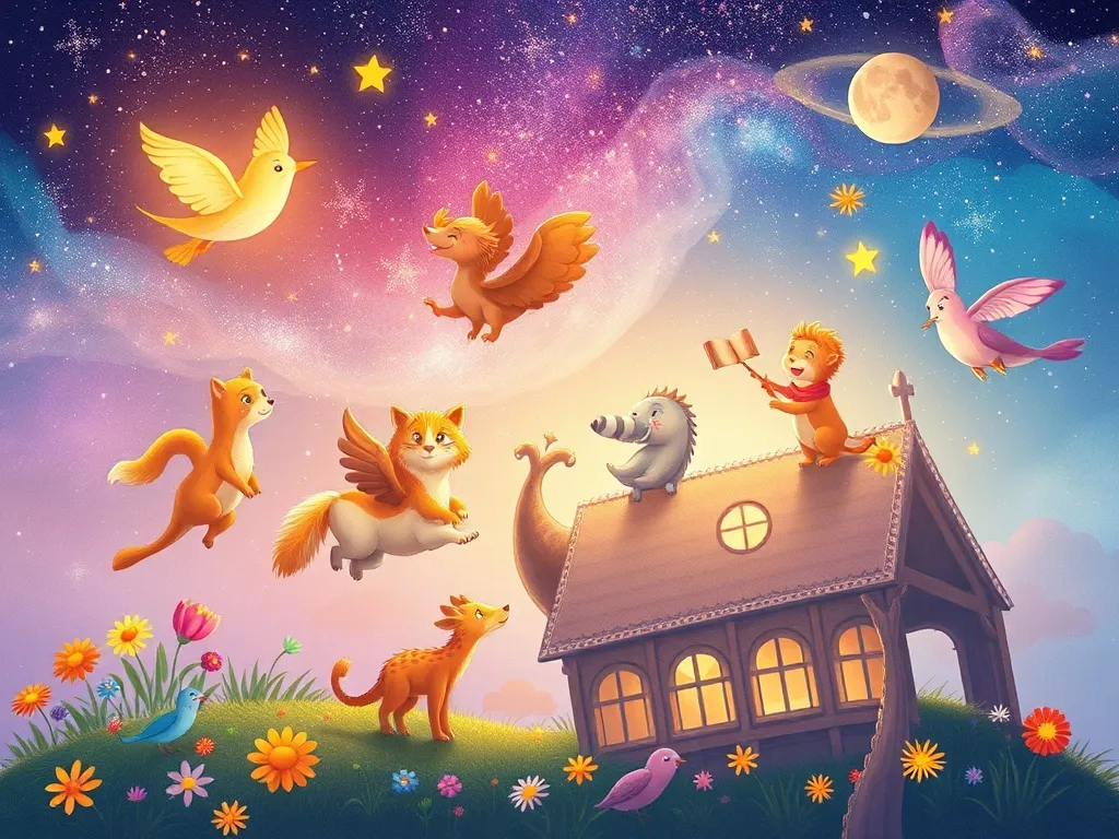 The Magical Stream of Sharing - Magical scenes floating above delighted animals