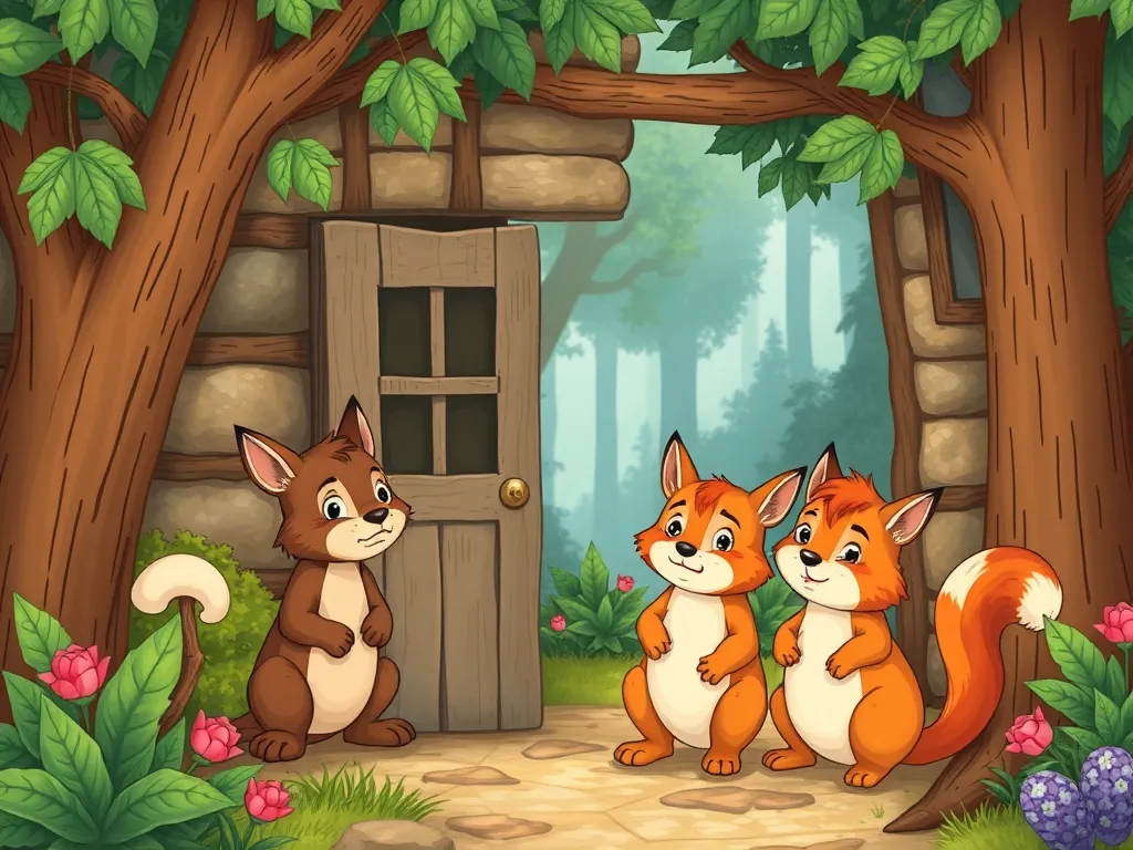 The Moonflower Promise - Three worried forest animals at cottage doorstep