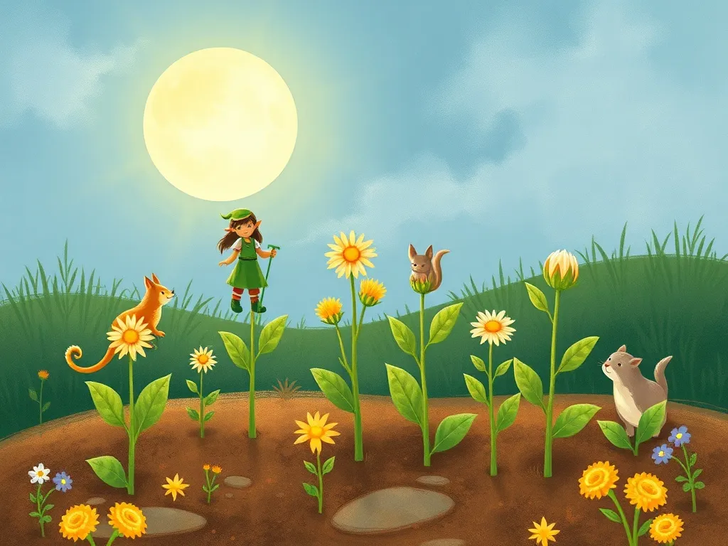 The Moonflower Promise - Moonflower sprouts with elf and animals tending them