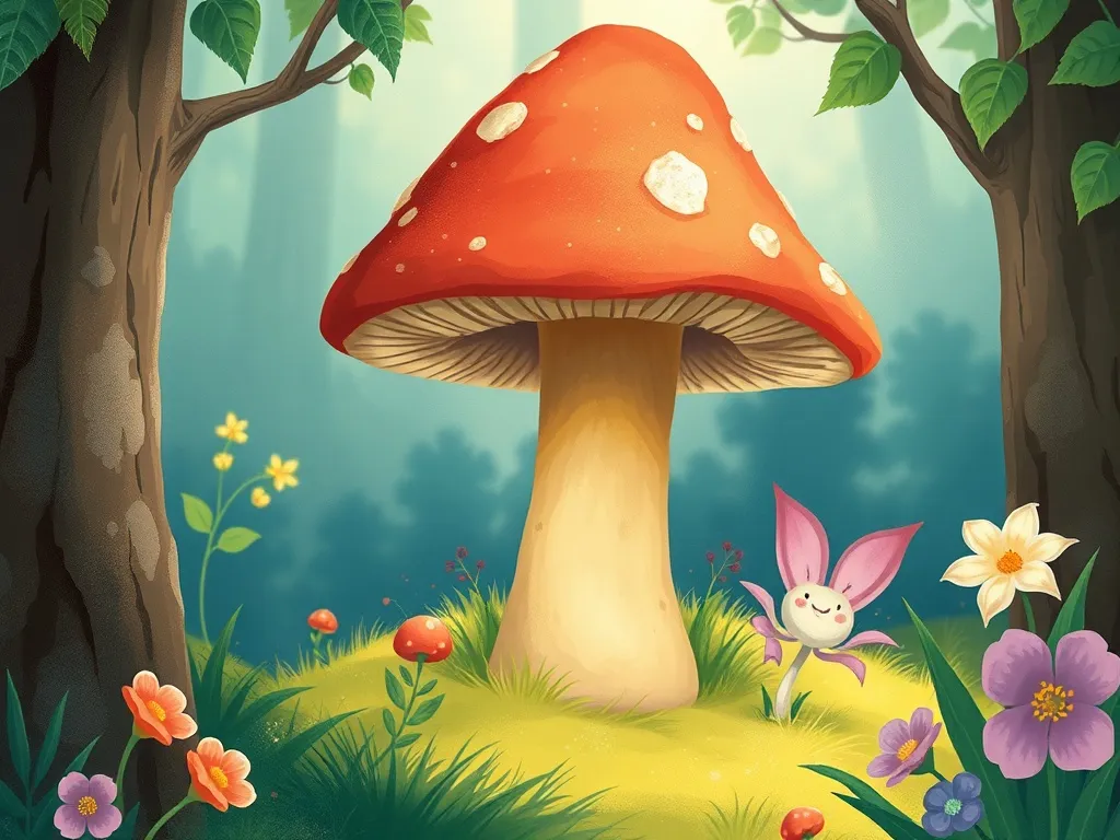 The Moonlight Dance of Lily Petaldew - Mistwhisker finding Lily behind the mushroom