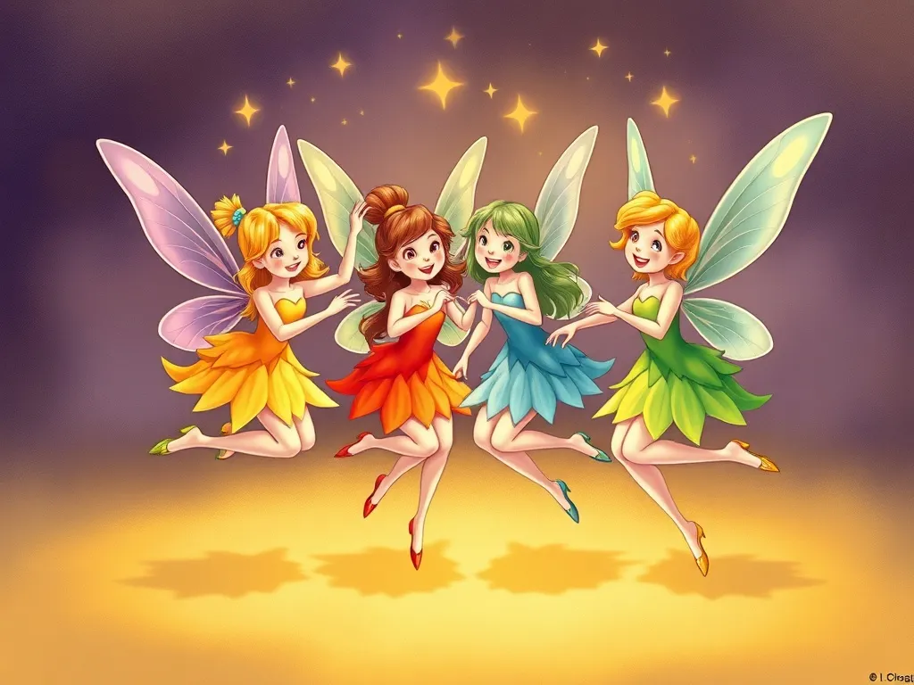 The Moonlight Dance of Lily Petaldew - Group of fairies dancing together joyfully