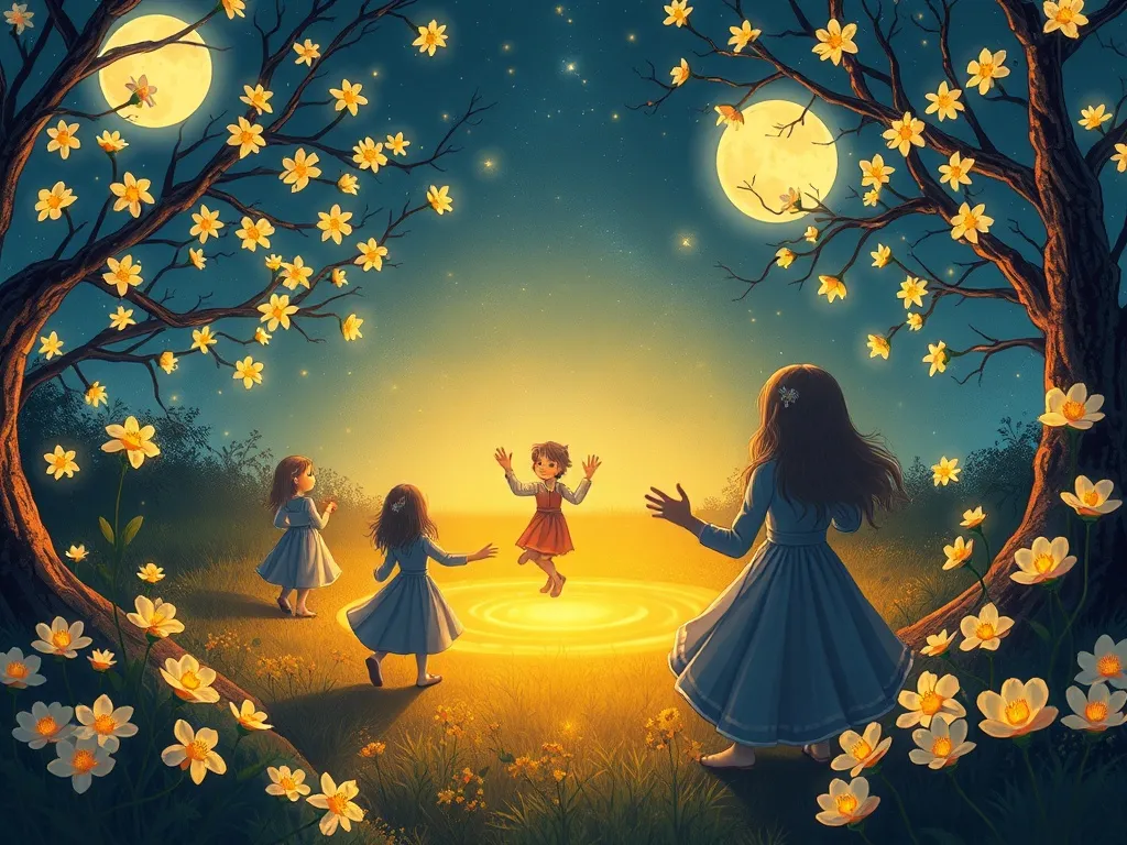 The Moonlight Dance of Lily Petaldew - Moonflowers illuminating the fairy dance circle