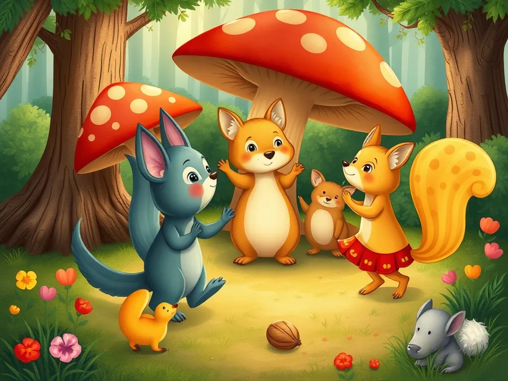 The Moonlit Circle: Bertie Bear's Midnight Question - Woodland creatures dancing in mushroom circle
