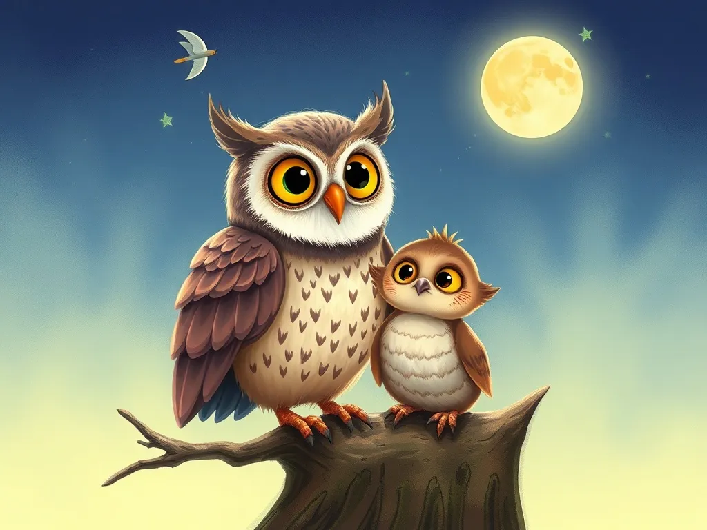 The Moonlit Circle: Bertie Bear's Midnight Question - Luna owl perched beside nervous Bertie