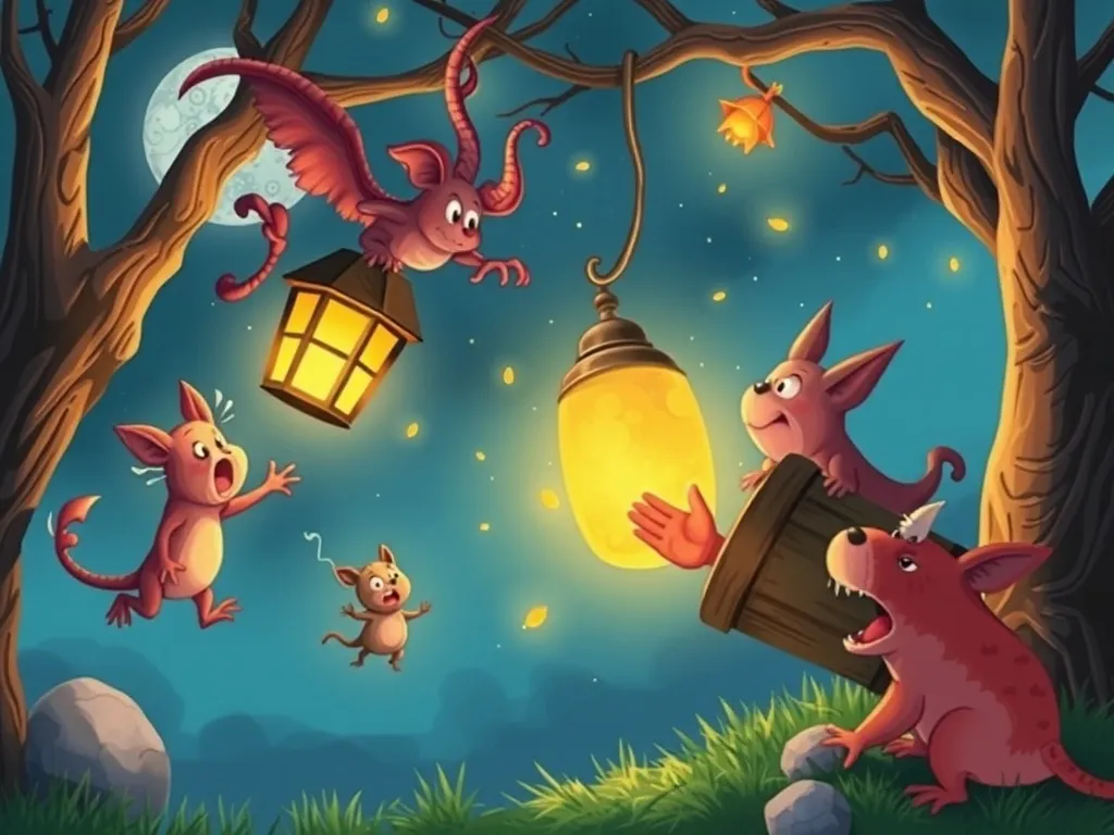 The Moonlit Circle: Bertie Bear's Midnight Question - Startled creatures scattering from fallen lantern