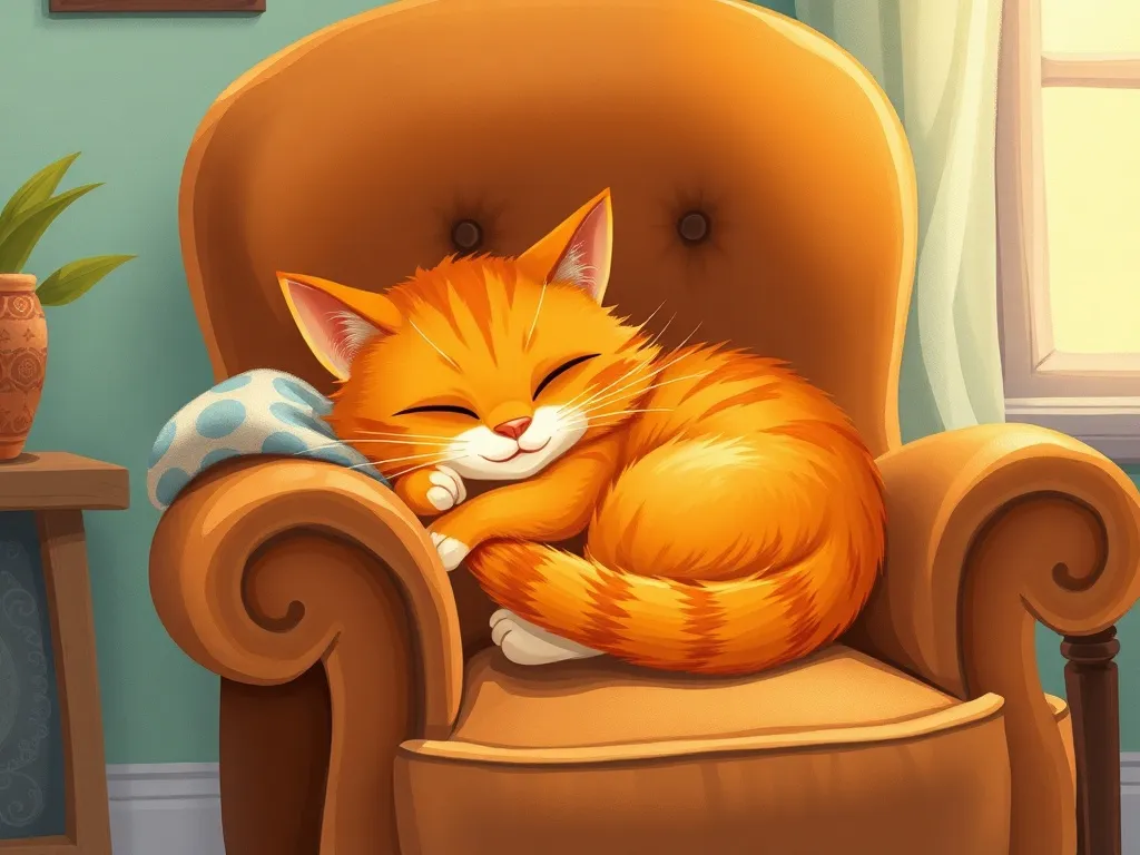 The Moonlit Library Bear - Orange cat curled up in Bernard's favorite chair