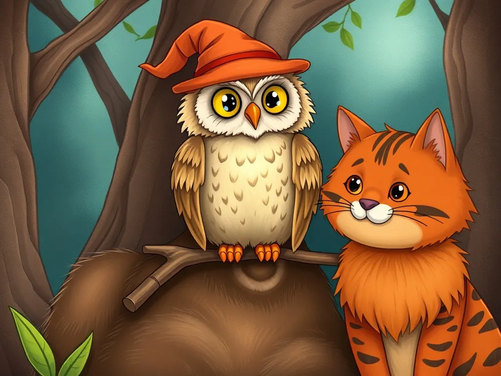The Moonlit Library Bear - Wise Owl perched between Bear and Cat