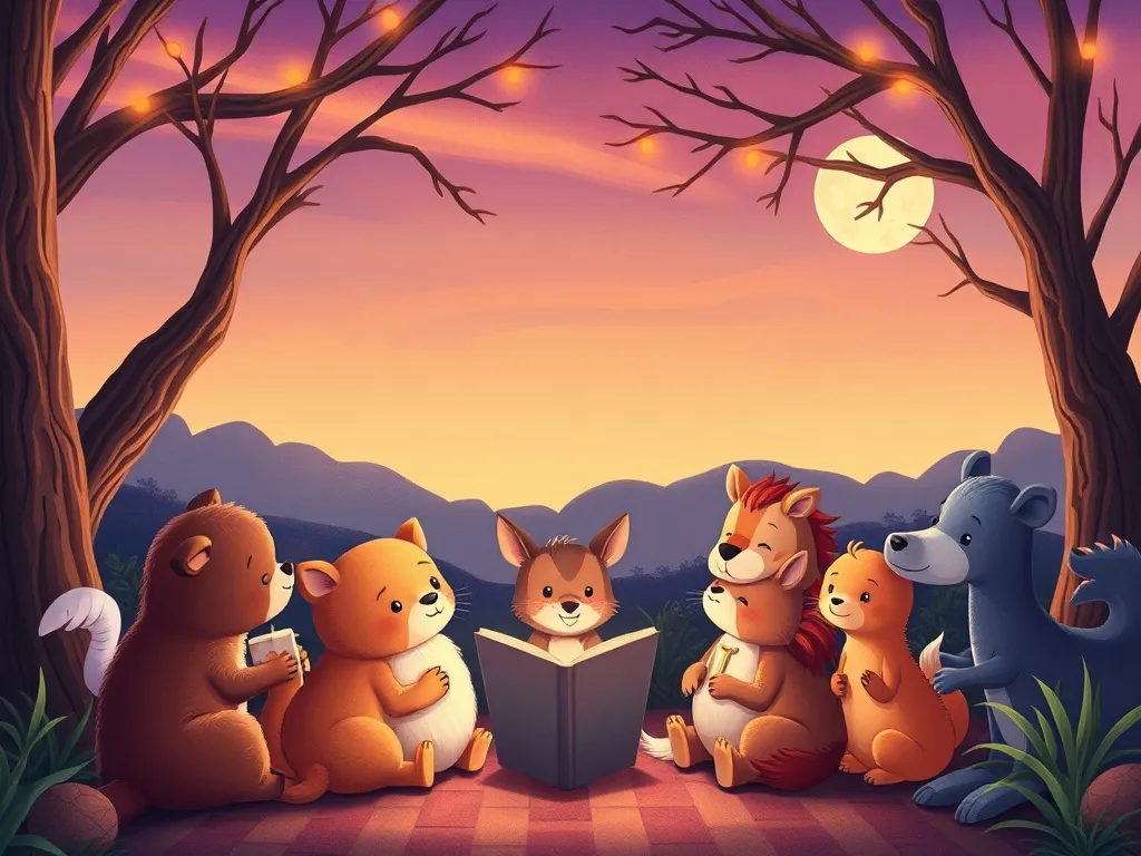 The Moonlit Library Bear - Animals gathering for twilight storytime