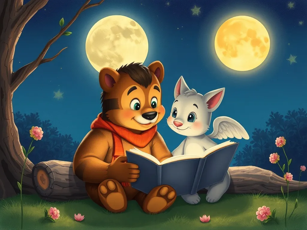 The Moonlit Library Bear - Bernard and Whisper reading together by moonlight