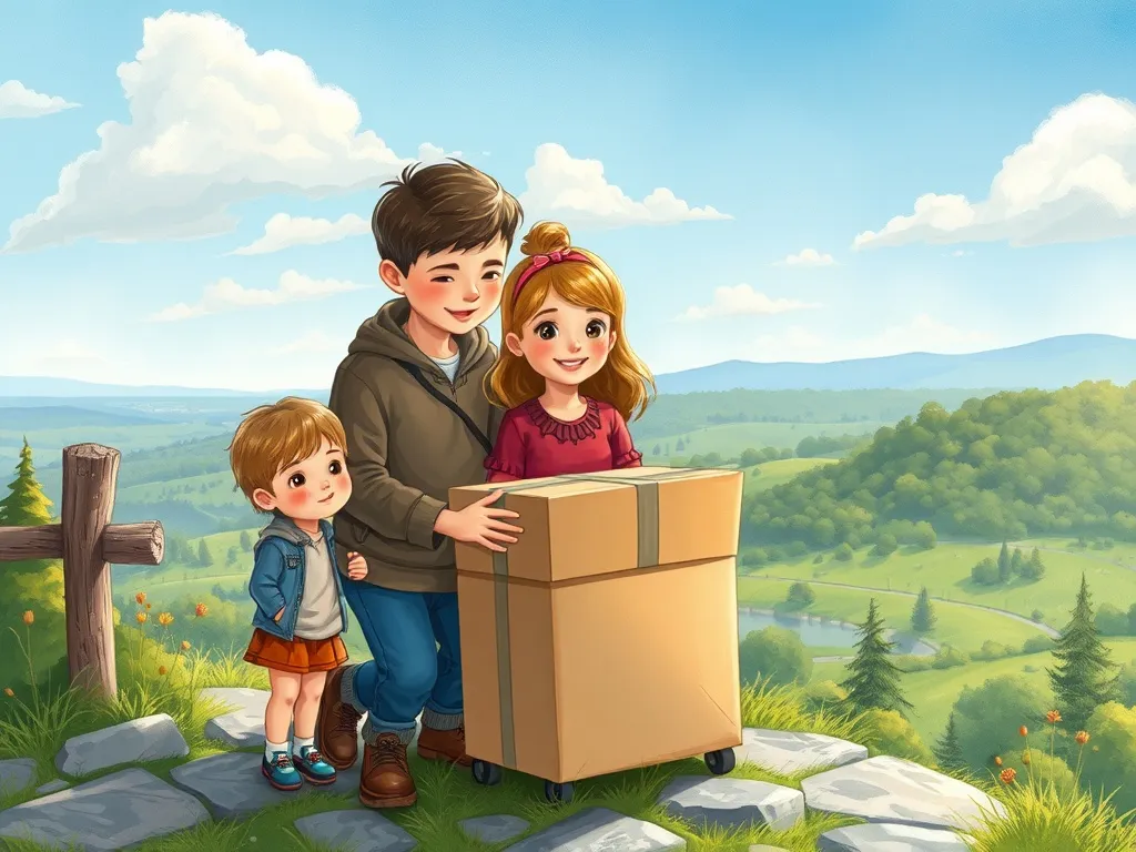 The Mystery of the Moving Box - Family gathered at scenic overlook examining sealed moving box together