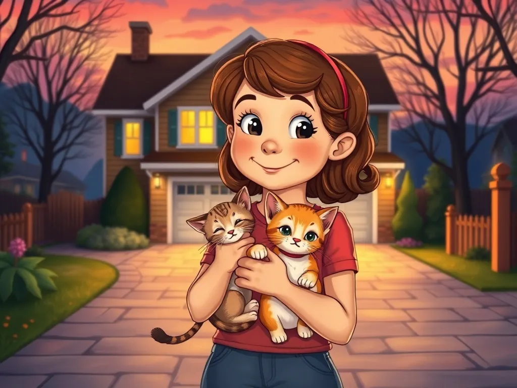 The Mystery of the Moving Box - Maya in new driveway at twilight holding kitten with warm glowing house behind her