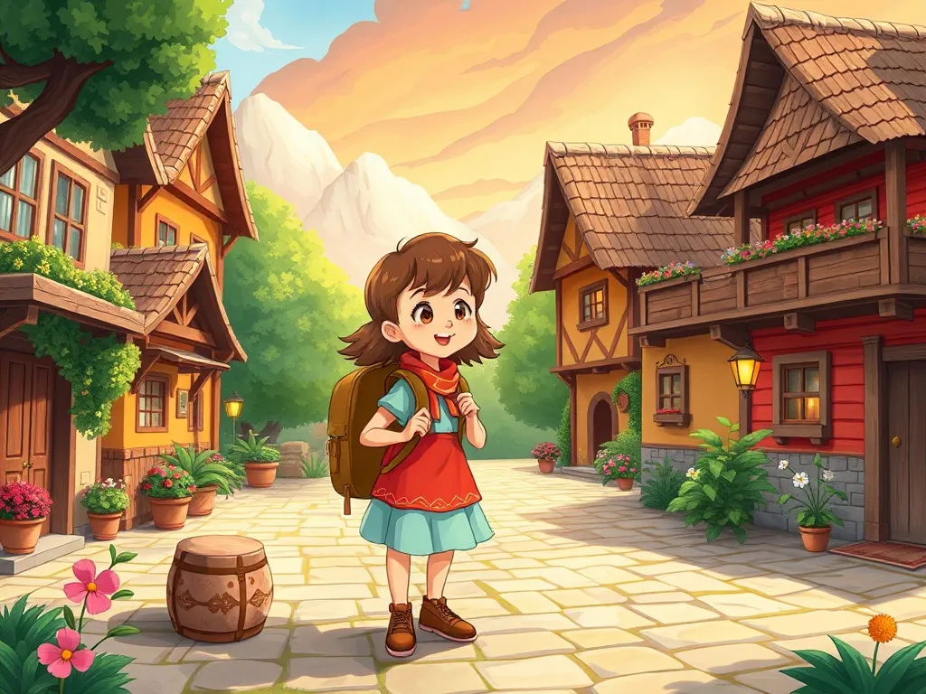 The Mystery of the Singing Summit - Maya in the village square with her backpack announcing her journey