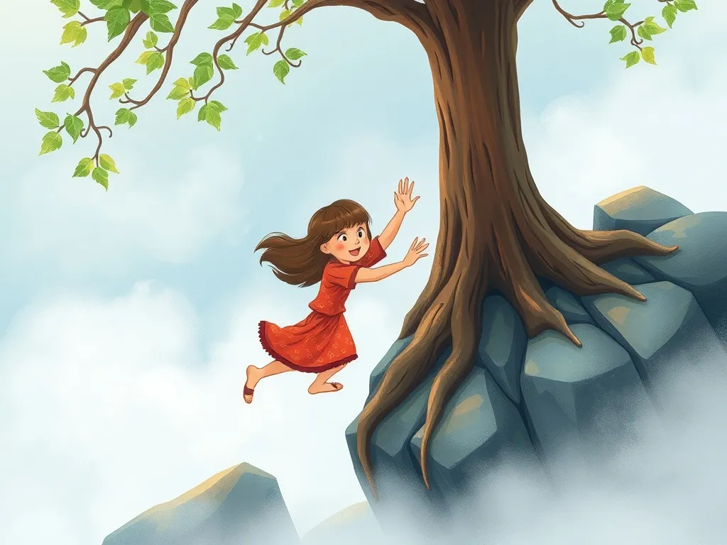 The Mystery of the Singing Summit - Maya slipping on foggy rocks reaching desperately for a tree root