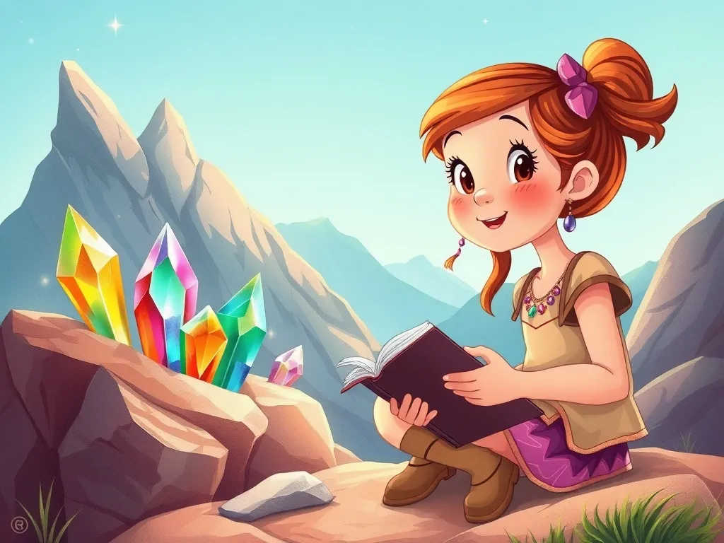The Mystery of the Singing Summit - Maya discovering rainbow crystals jutting from mountain rocks with her notebook