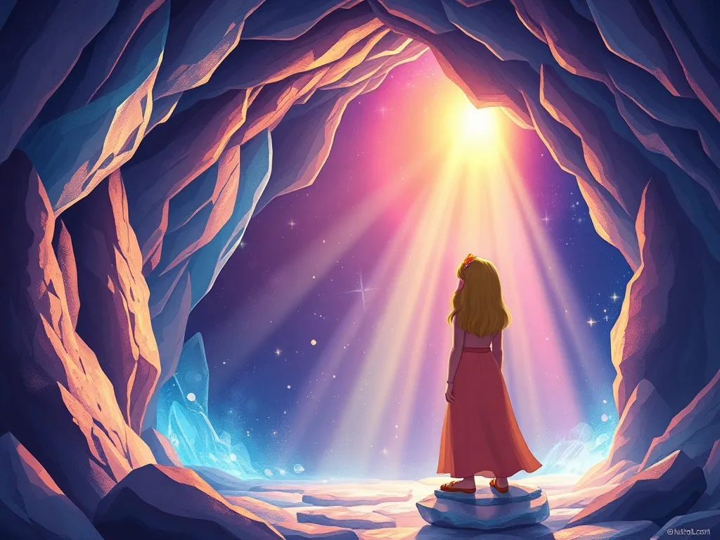 The Mystery of the Singing Summit - Maya standing in a glittering crystal cave with rainbow light streaming through