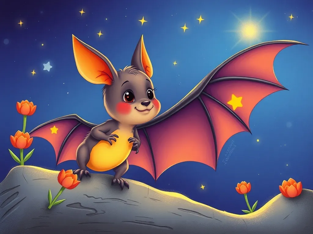 The Navigator and the Glowing Map - Pip the star-marked bat watching Maya curiously