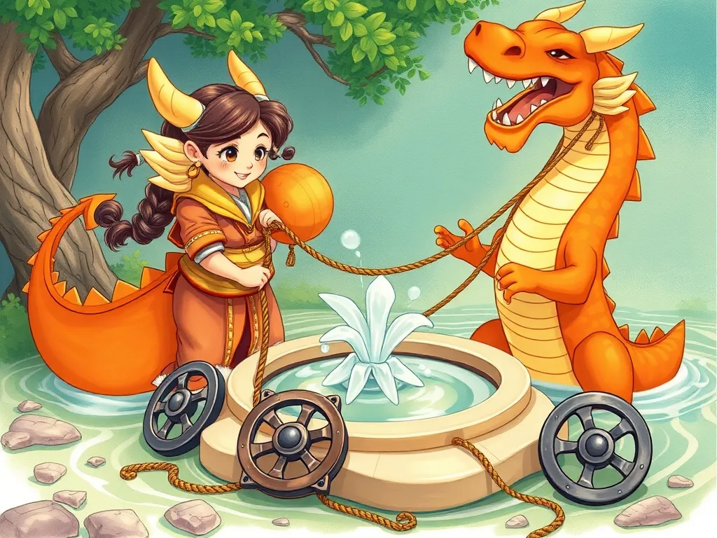 The Navigator's Choice - Maya securing rope to dragon fountain with gear spread around