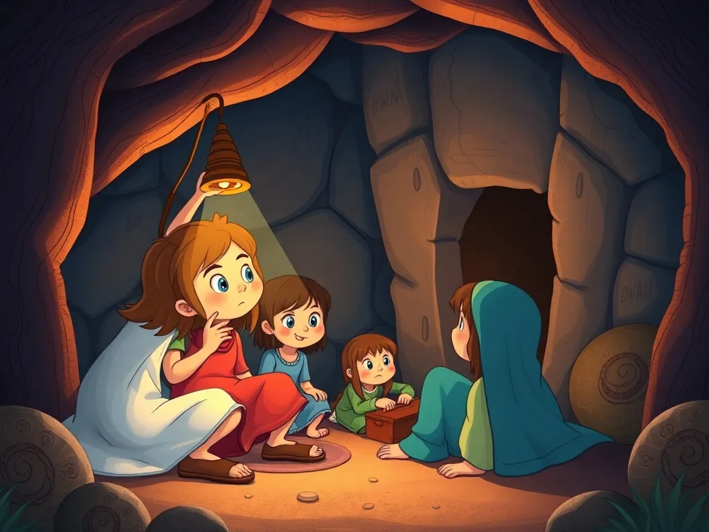 The Navigator's Choice - Maya's headlamp illuminating the worried group in chamber