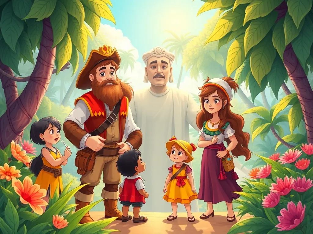 The Navigator's Choice - Captain Torres and rescued explorers surrounding Maya in sunlit garden