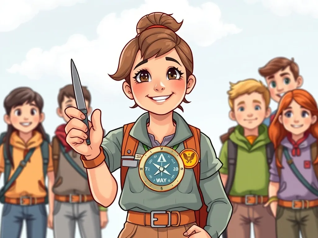 The Navigator's Choice - Maya confidently holding compass wearing leadership badge with team behind her