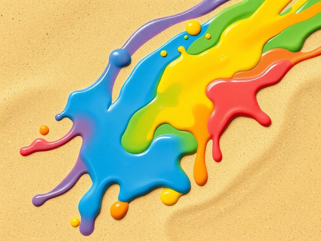 The Paintbrush and the Pod: A Mermaid's Colorful Adventure - Spilled paints creating rainbow patterns in wet sand