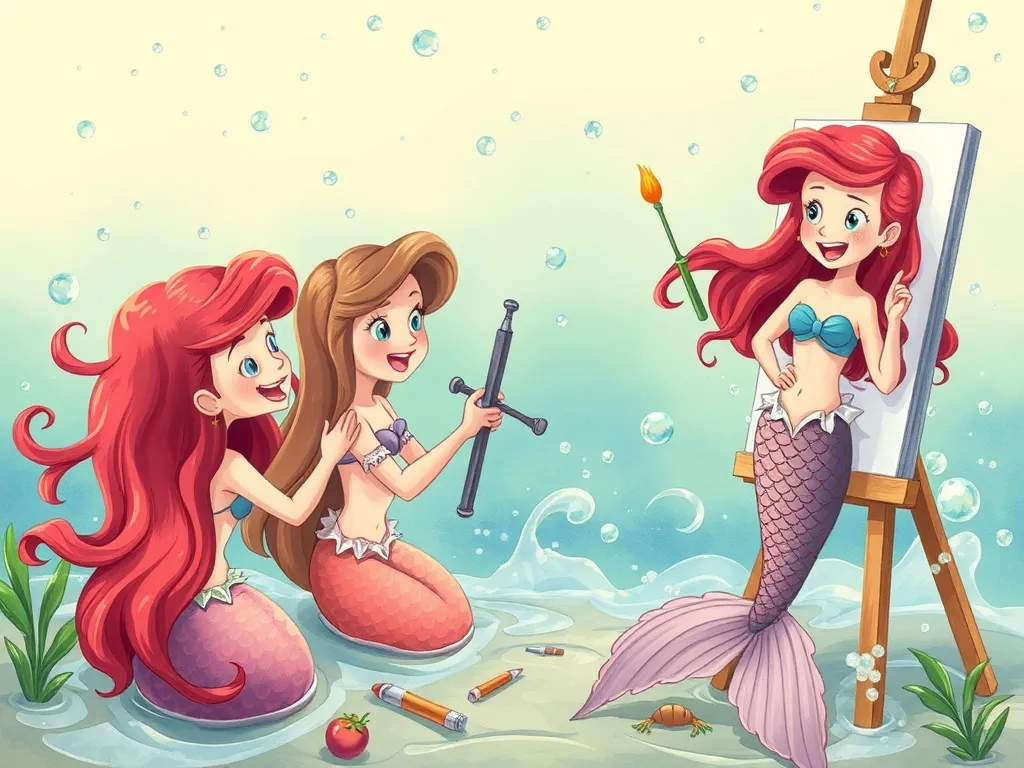 The Paintbrush and the Pod: A Mermaid's Colorful Adventure - Chaotic scene of mermaids attempting to paint