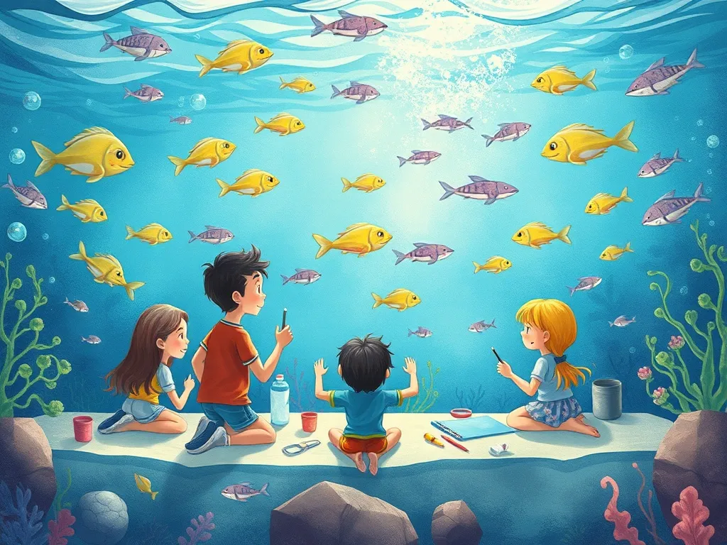 The Paintbrush and the Pod: A Mermaid's Colorful Adventure - Group creating a giant underwater mural together
