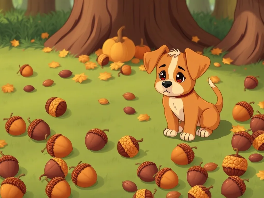 The Park Pup's New Friends - Scattered acorns with worried puppy looking on