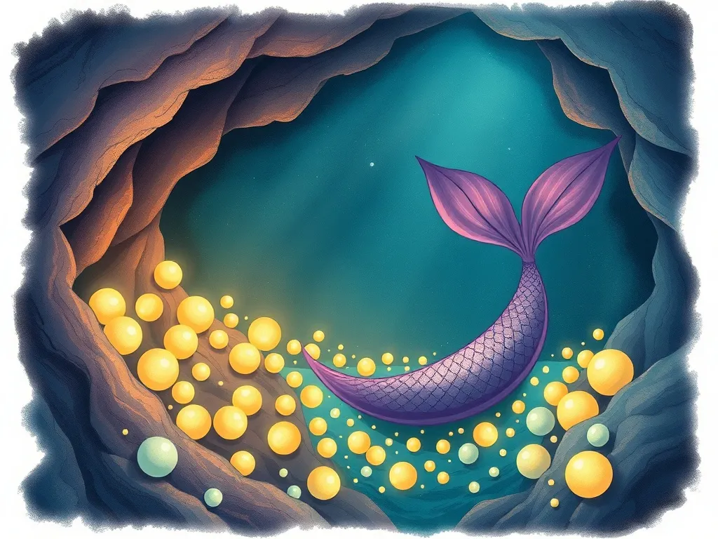 The Pearl Cave Promise - Purple-tailed mermaid surrounded by glowing pearls in mysterious cave