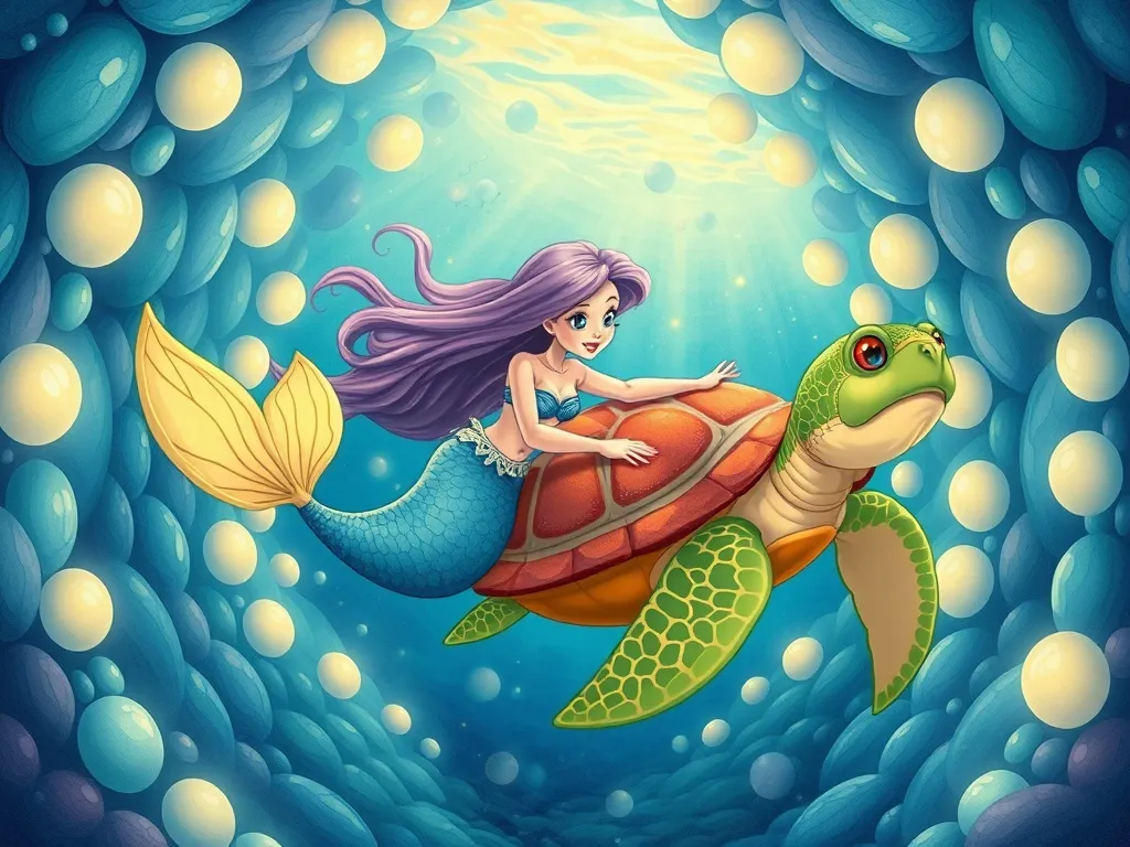 The Pearl Cave Promise - Mermaid and turtle swimming together through pearl-lit tunnels