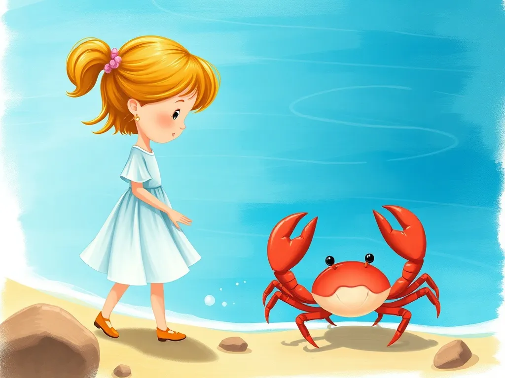 The Peasant and the Pearl-Shell Crab - Girl and pearl crab standing at water's edge facing the ocean