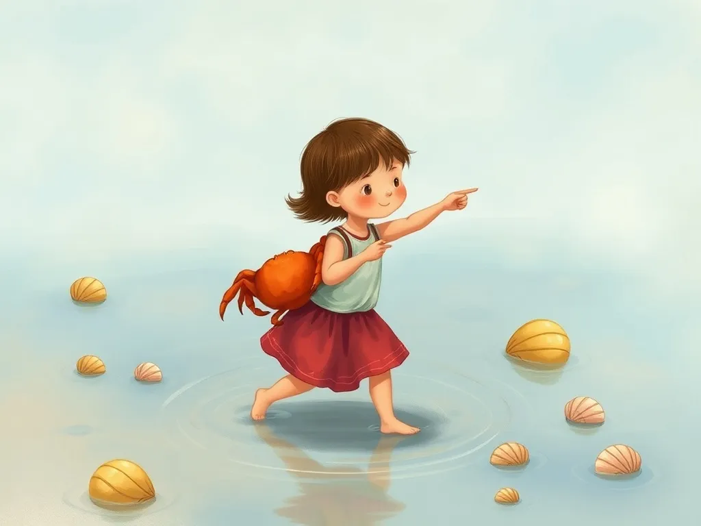 The Peasant and the Pearl-Shell Crab - Girl wading cautiously with crab on shoulder pointing at shells