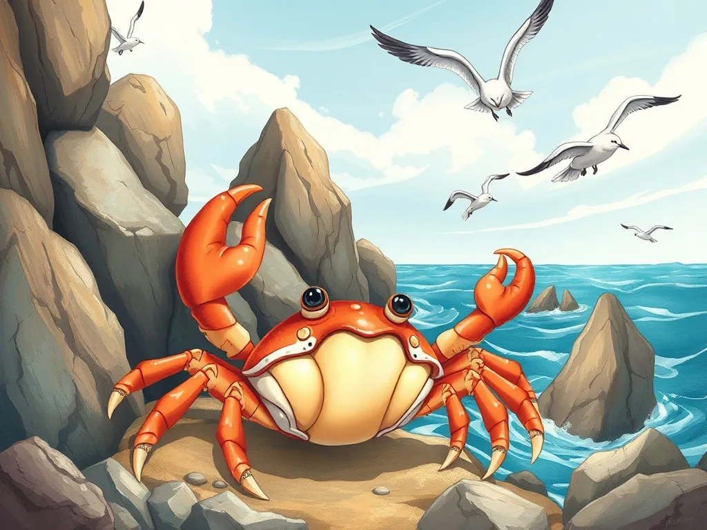 The Peasant and the Pearl-Shell Crab - Pearl crab tumbling toward jagged rocks with seabirds circling above