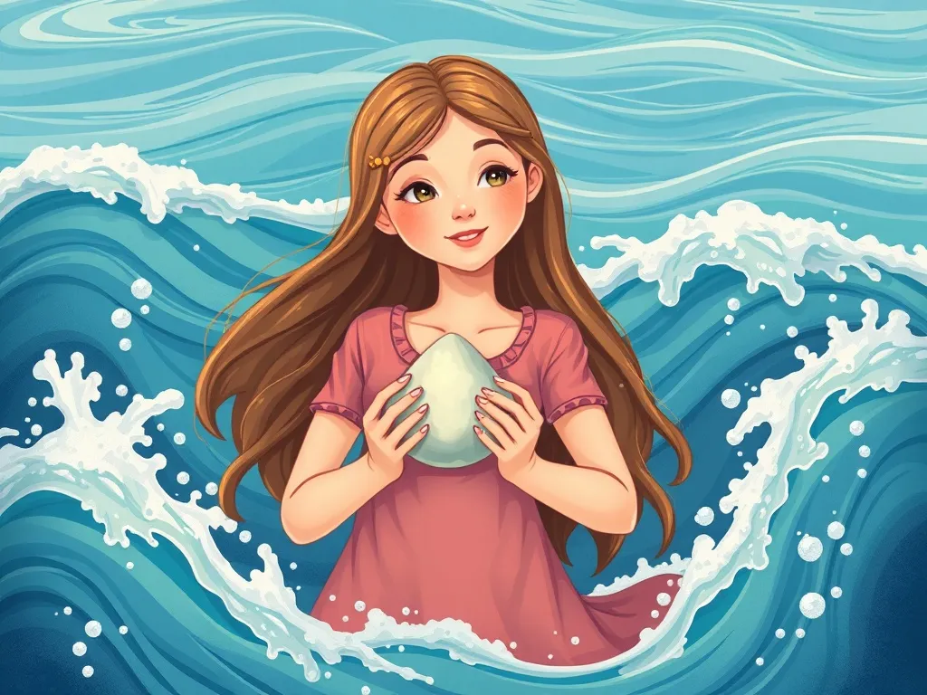 The Peasant and the Pearl-Shell Crab - Marina holding rescued Pearl protectively against her chest in the waves