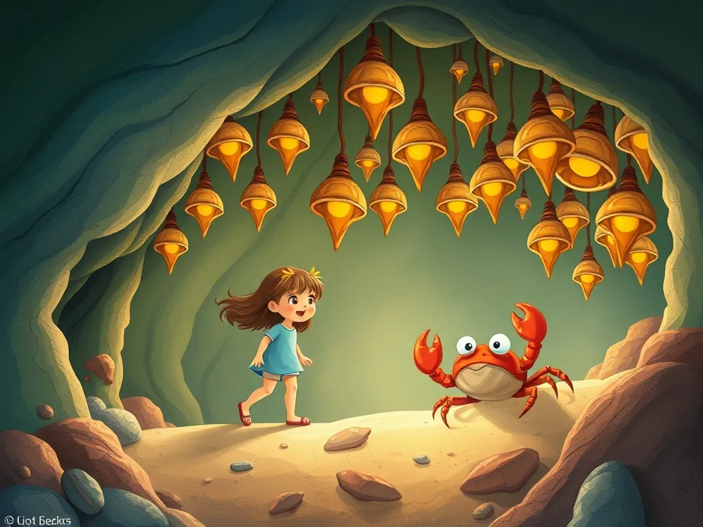 The Peasant and the Pearl-Shell Crab - Girl and crab visiting shell arch filled with hanging singing shells