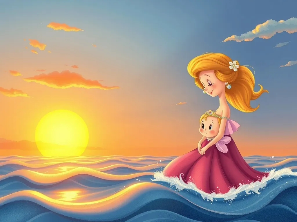 The Peasant and the Pearl-Shell Crab - Marina and Pearl watching golden sunset over gentle waves together