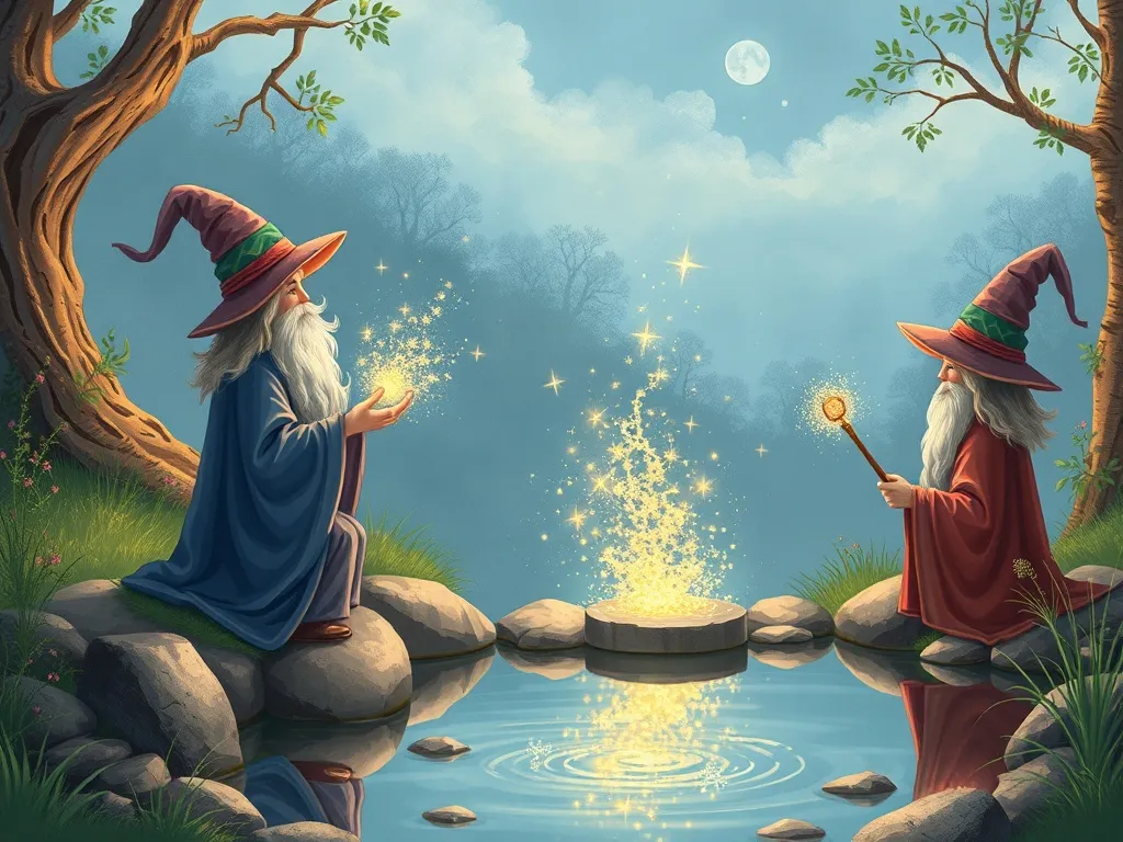 The Petal-Breathing Dragon of Willow Park - Young wizards practicing magic by glittering pond