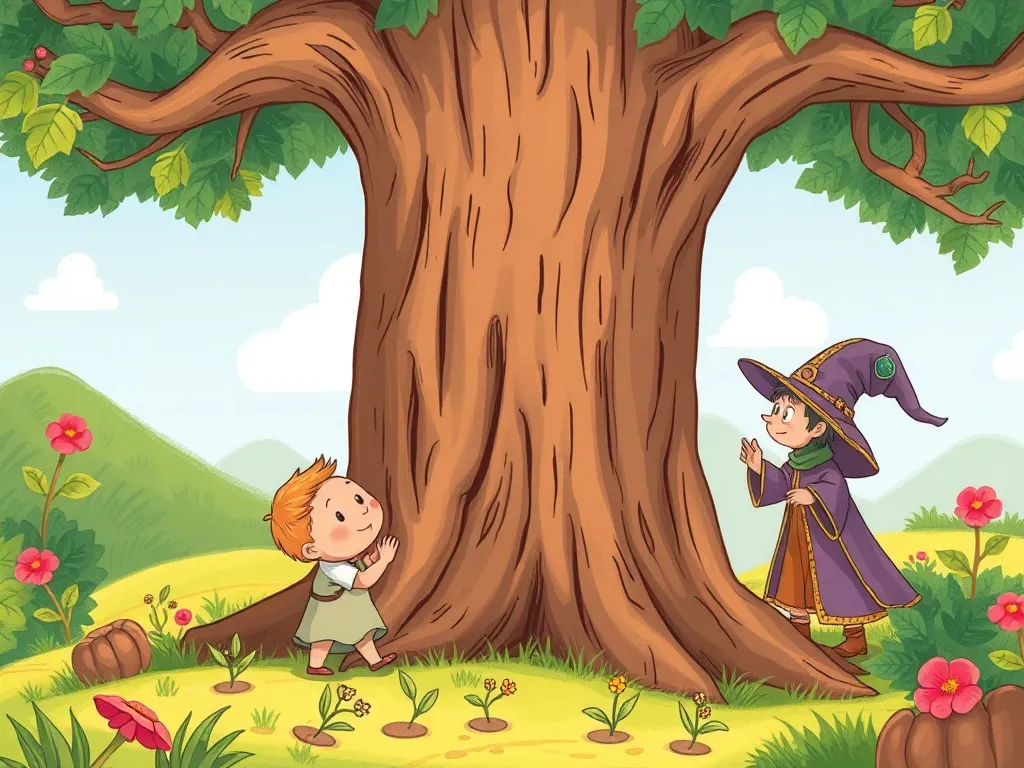 The Petal-Breathing Dragon of Willow Park - Pip hiding behind tree, watching wizard children