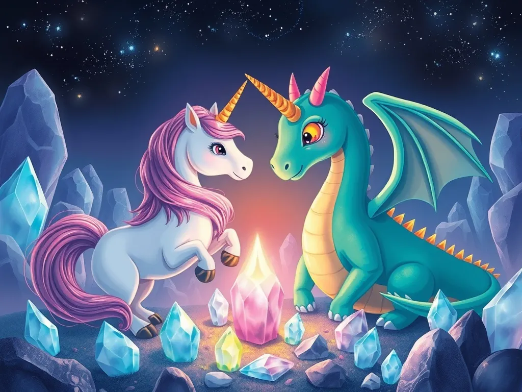 The Petal-Breathing Dragon's Song - Unicorn and dragon first meeting among glowing crystals