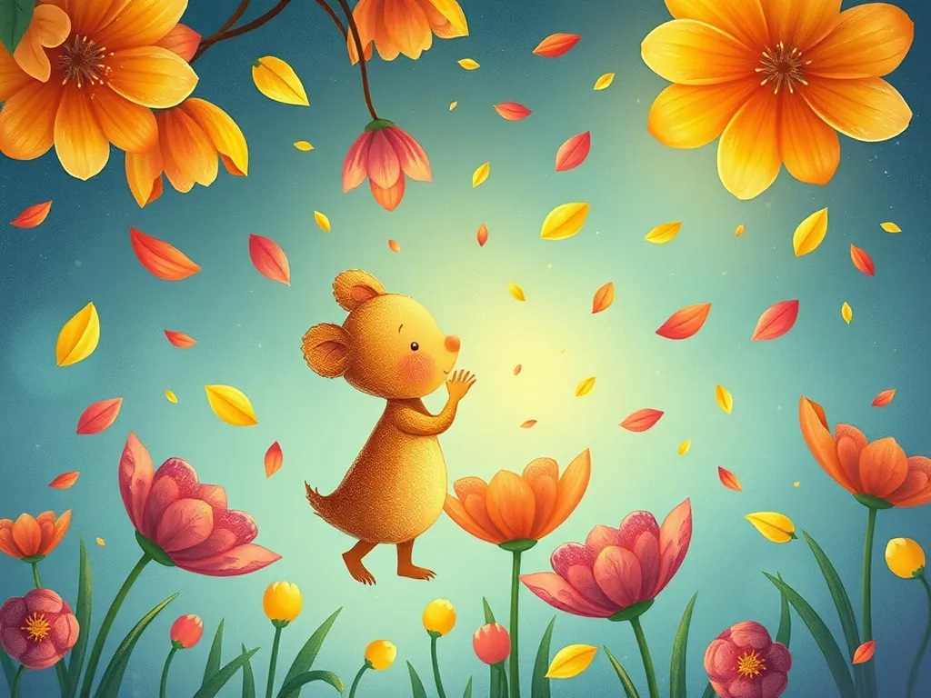 The Petal-Breathing Dragon's Song - Pip releasing colorful petals that float silently