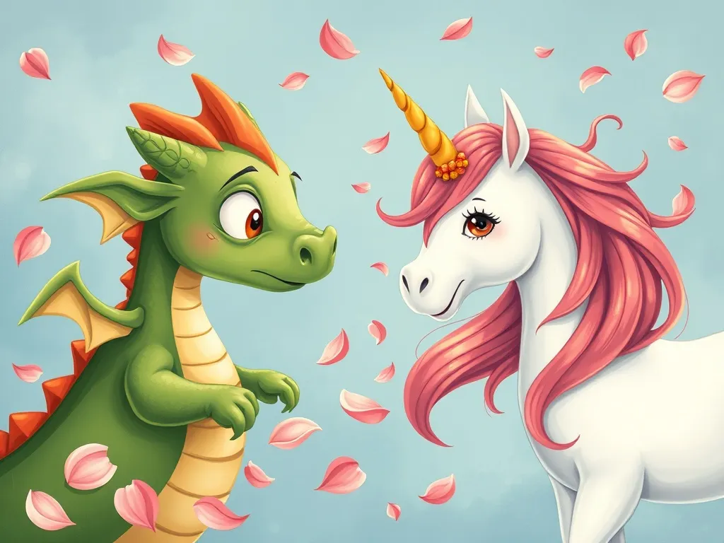 The Petal-Breathing Dragon's Song - Petals swirling between worried dragon and gentle unicorn