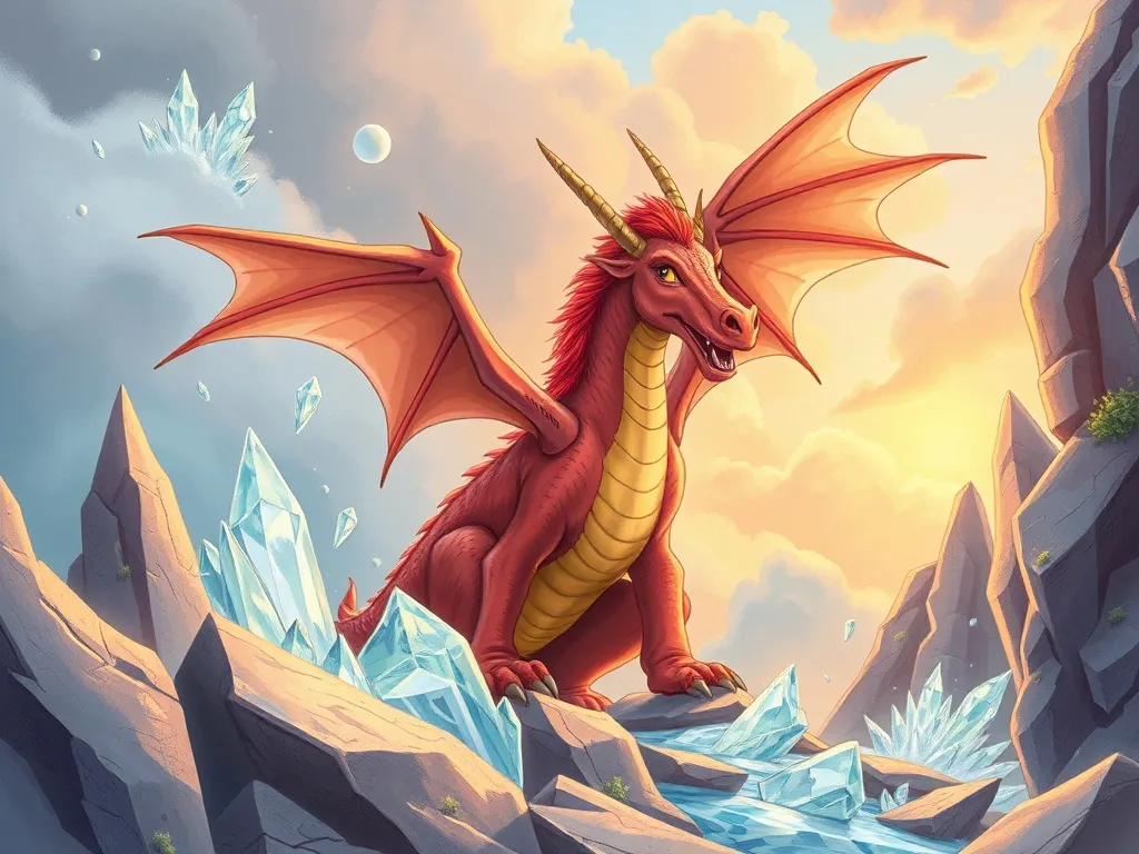 The Petal-Breathing Dragon's Song - Dragon and unicorn facing shifting crystal rocks